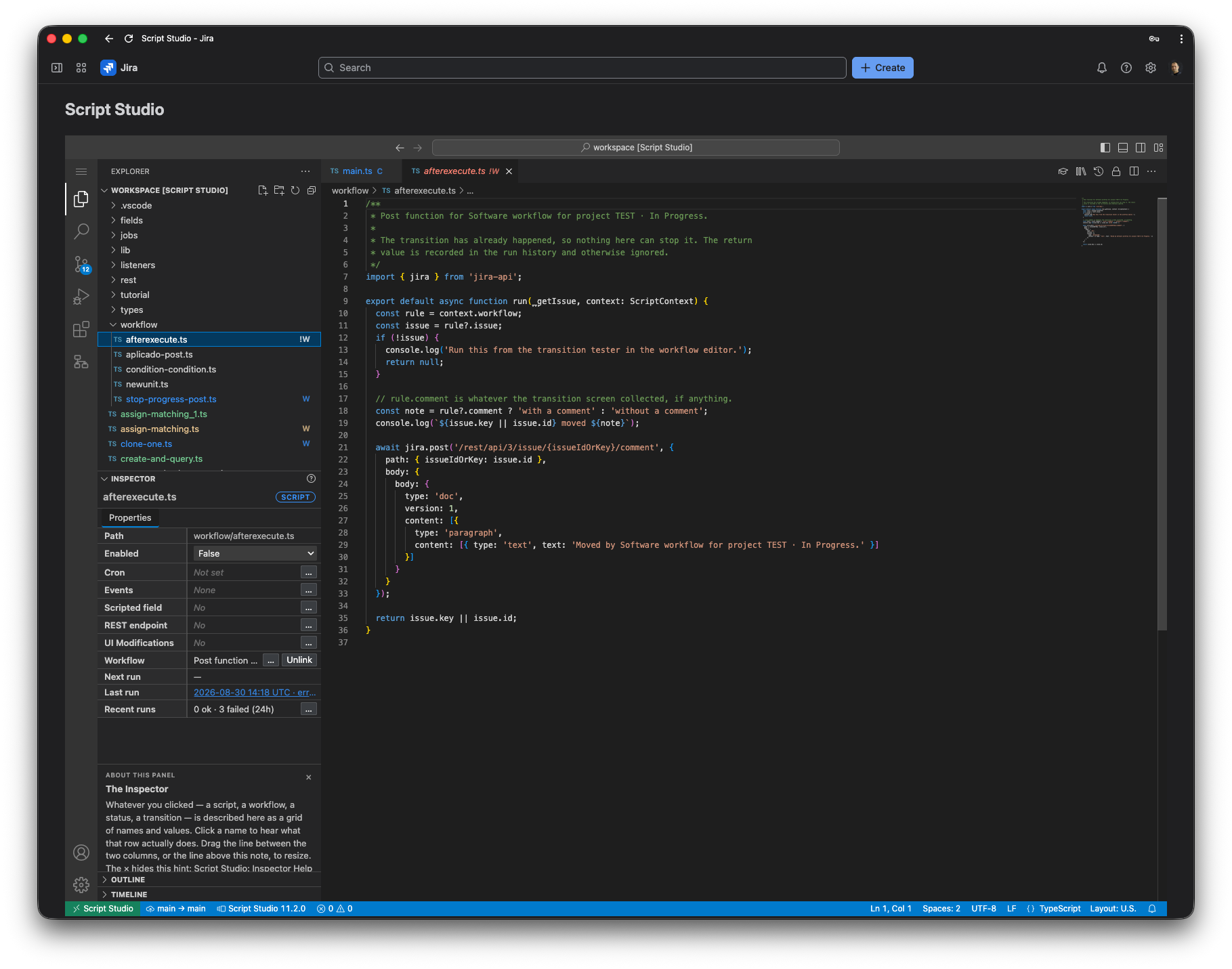 Script Studio editor showing TypeScript code inside Jira