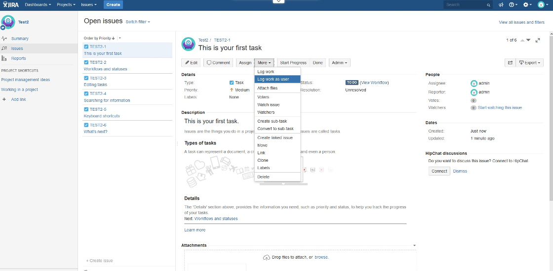Jira worklog dialog with the option to select another user