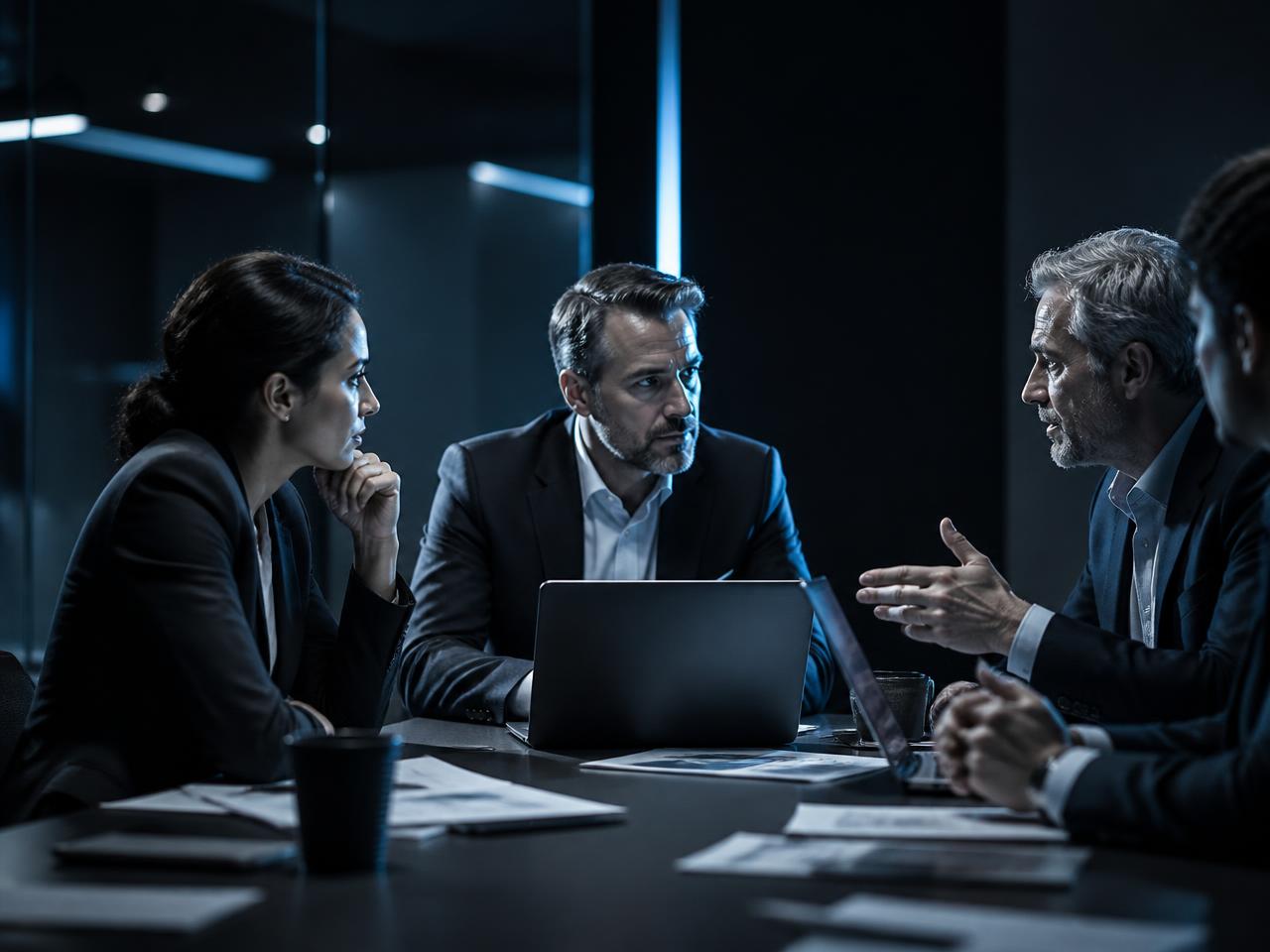 Equipo directivo debatiendo en una sala de reuniones